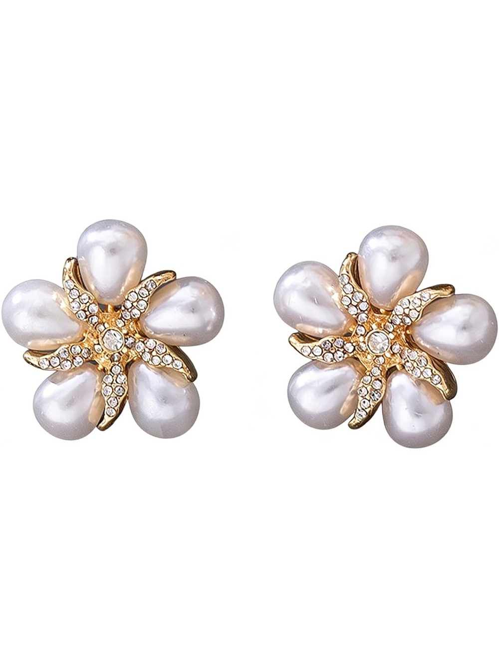 Pearl & Crystal Flower Stud Earrings - Gold